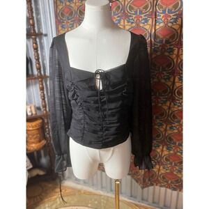 Audrey Parks Ruched Blouse Tie Front Long Sleeve Top Black Size L